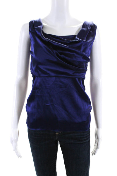 Elie Tahari Womens Satin Drape Cowl Neck Sleeveless Shell Top Blouse Blue Medium