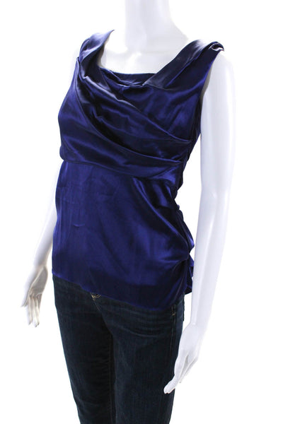 Elie Tahari Womens Satin Drape Cowl Neck Sleeveless Shell Top Blouse Blue Medium