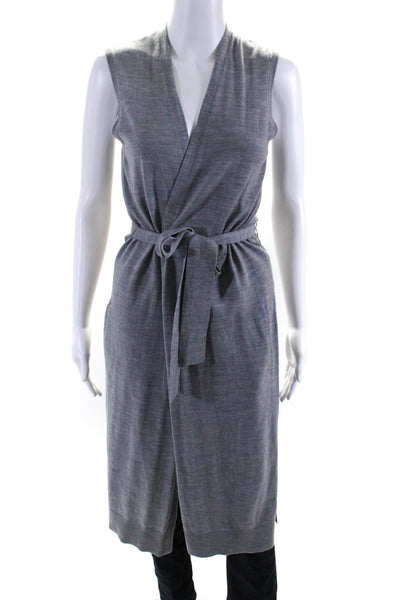Theory Womens Long Belted Sleeveless Cardigan Vest Sweater Gray Size Small