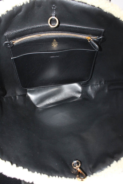 Mark Cross Womens Large Arc Shearling Tote Handbag Ecru White Black Leather