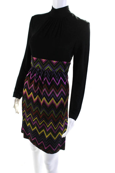 Trina Turk Womens Silk Colorblock Print Mock Neck A-Line Dress Black Size 2