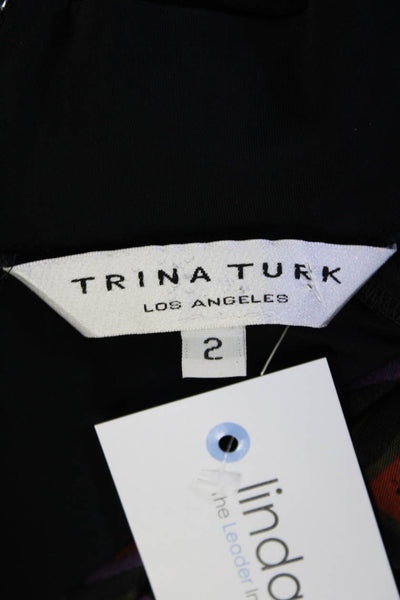 Trina Turk Womens Silk Colorblock Print Mock Neck A-Line Dress Black Size 2