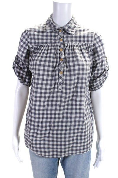 Roobie Peace Womens Cotton 3/4 Sleeve Gingham Print Button Up Blouse Gray Size M