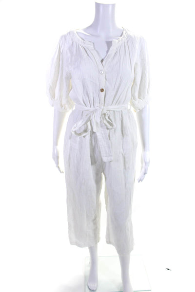 Isalis Women's Cotton Short Sleeve Tie Waist Wide Leg Jumpsuit White Size M
