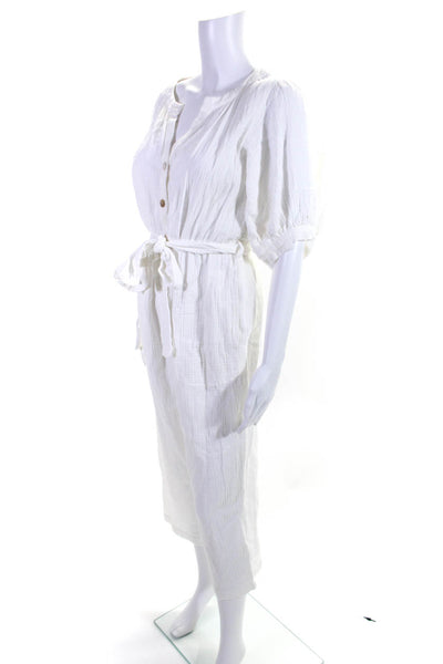 Isalis Women's Cotton Short Sleeve Tie Waist Wide Leg Jumpsuit White Size M