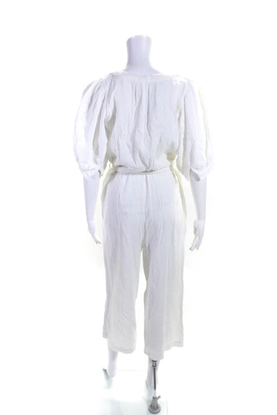 Isalis Women's Cotton Short Sleeve Tie Waist Wide Leg Jumpsuit White Size M