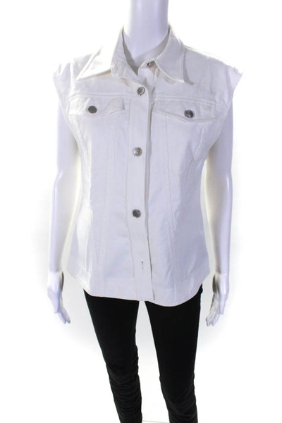 LVIR Womens Denim Collared Button Up Cargo Pockets Vest White Size L