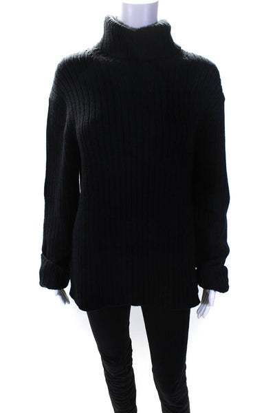 Theory Womens Wool Leather Trim Turtleneck Long Sleeve Sweater Top Black Size L
