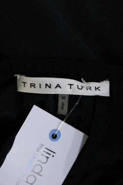 Trina Turk Women's Round Neck Long Sleeves Ribbed Hem Blouse Black Size M