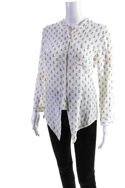 Joie Womens Silk Anchor Print Button Down Shirt White Blue Size Extra Small