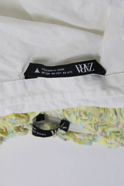 Zara Womens Button Down Shirt Smocked Blouse White Yellow Size Extra Small Lot 2