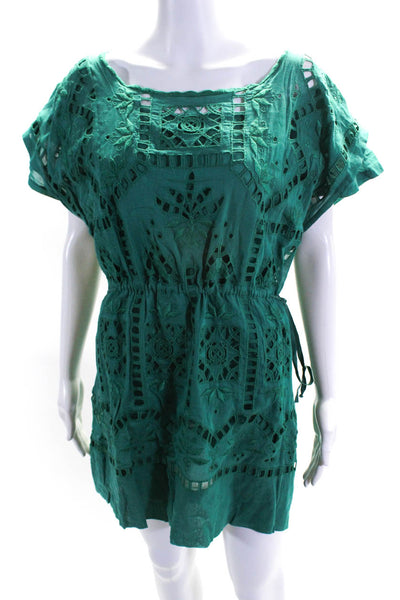 Isabel Marant Women's Cotton Drawstring Embroidered Shift Dress Green Size 3