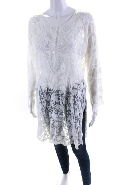 Juliet Dunn Women's Lace Long Sleeve Double Slit Longline Blouse White Size 3