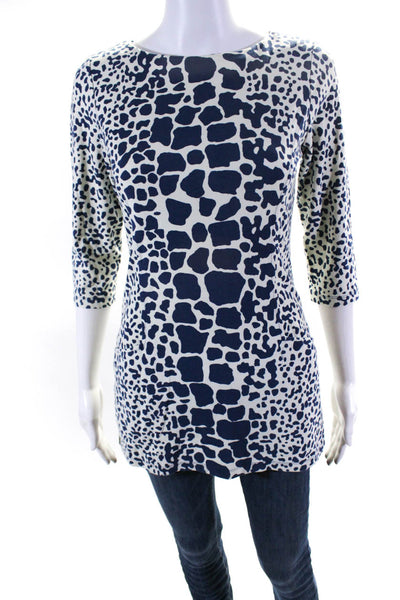 J. Mclaughlin Womens Giraffe Print Boat Neck 3/4 Sleeve Top White Blue Size XS