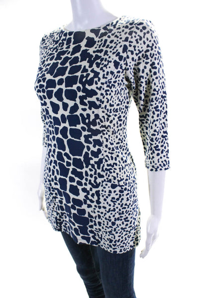 J. Mclaughlin Womens Giraffe Print Boat Neck 3/4 Sleeve Top White Blue Size XS