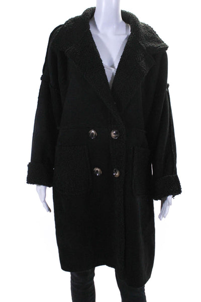 Apricot Women's Collar Button Closure Suede Long Coat Black Size M