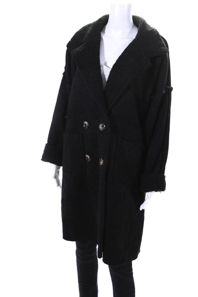 Apricot Women's Collar Button Closure Suede Long Coat Black Size M