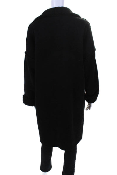 Apricot Women's Collar Button Closure Suede Long Coat Black Size M