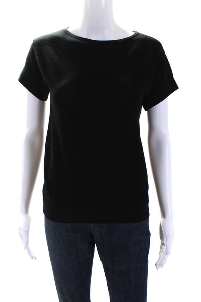 Theory Womens Ribbed Textured Short Sleeve Round Neck Pullover Top Black Size P