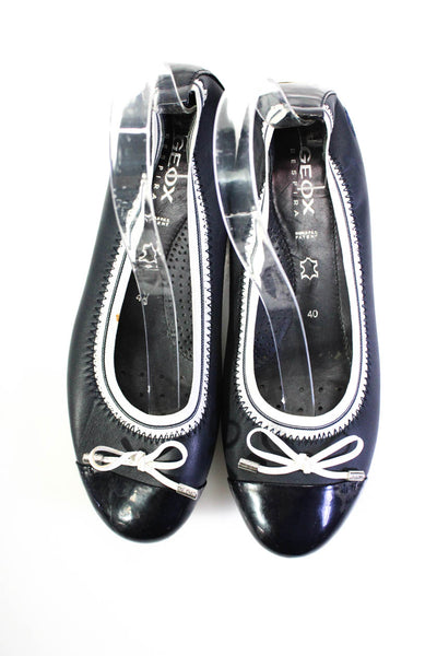Geox Women's Leather Round Toe Striped Trim Bow Flats Navy Blue Size 9