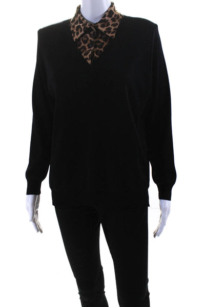 Exclusively Misook Women's Collar Long Sleeves Pullover Sweater Black Size L