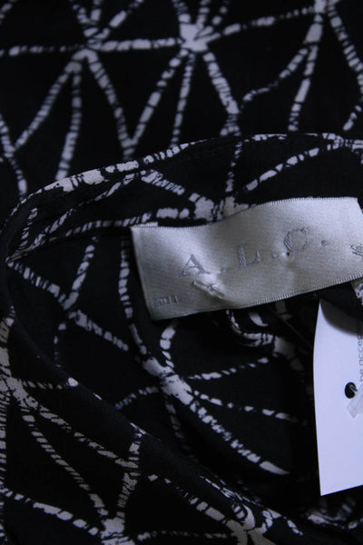 ALC Womens Sleeveless Collared V Neck Silk Printed Top Blouse Black White Medium