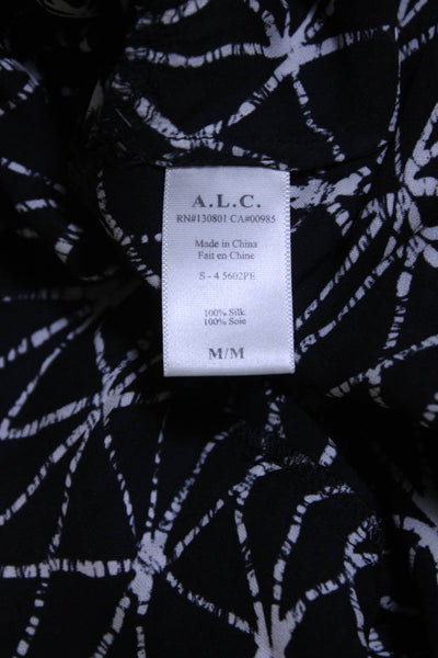 ALC Womens Sleeveless Collared V Neck Silk Printed Top Blouse Black White Medium