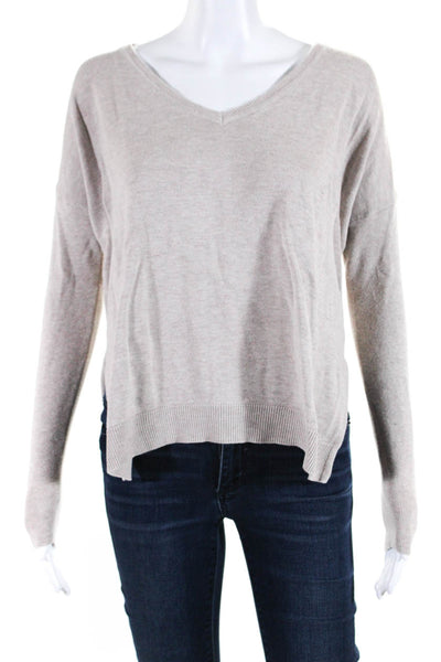 Lilla P Womens Cotton Tight-Knit Split Hem V-Neck Long Sleeve Sweater Tan Size S