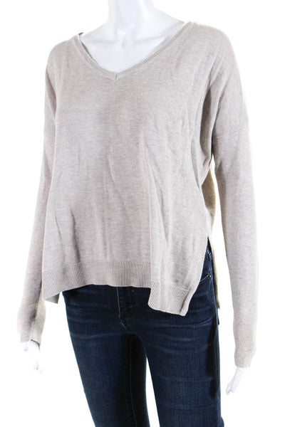 Lilla P Womens Cotton Tight-Knit Split Hem V-Neck Long Sleeve Sweater Tan Size S