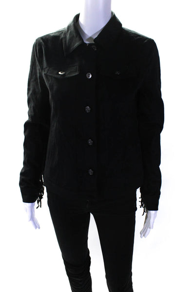 Two by Vince Camuto Womens Collared Fringe Trim Button Up Jacket Black Size S