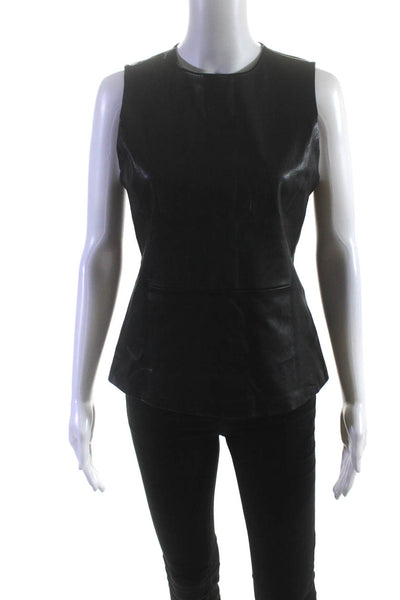 Designer Womens Black Leather Crew Neck Zip Back Sleeveless Blouse Top Size S