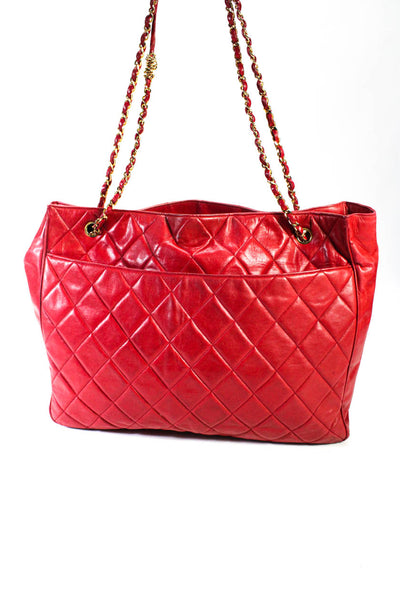 Chanel Womens Leather Quilted Chain Strap Snap Closure Tote Shoulder Bag Red