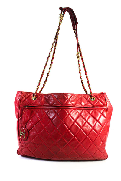 Chanel Womens Leather Quilted Chain Strap Snap Closure Tote Shoulder Bag Red
