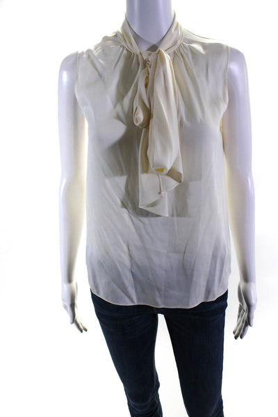 Theory Women's Silk Sleeveless V-Neck Tie Collar Blouse Ivory Size P