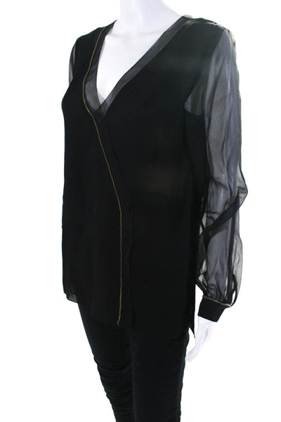 Per Se Womens Silk Chained Long Sleeve V-Neck Pullover Blouse Top Black Size 4