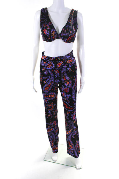 Danielle Bernstein Womens Floral Satin Crop Top Pants Set Black Purple Small 25