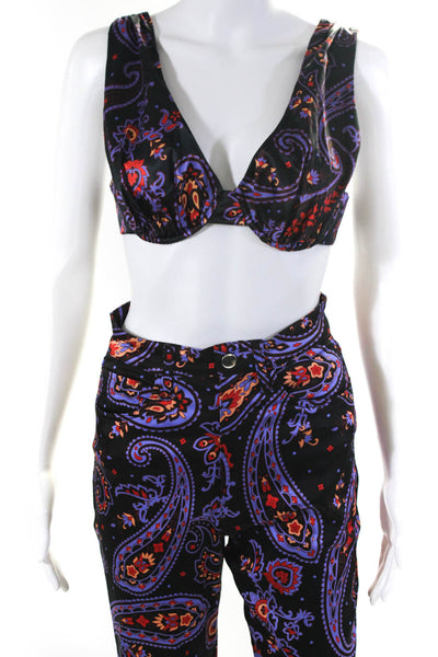 Danielle Bernstein Womens Floral Satin Crop Top Pants Set Black Purple Small 25