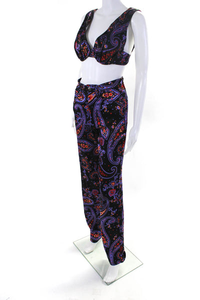 Danielle Bernstein Womens Floral Satin Crop Top Pants Set Black Purple Small 25