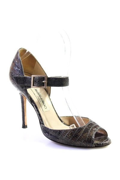 Jimmy Choo Womens Snakeskin Printed Ankle Strap Buckle High Heels Gray Size 37 7