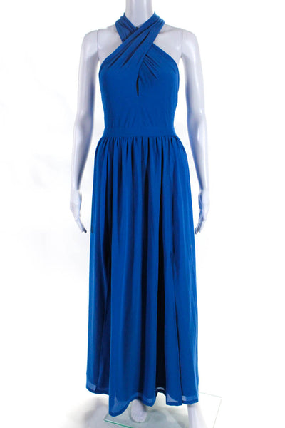 Belle Badgley Mischka Womens Halter Neck Sleeveless A Line Dress Blue Size 4