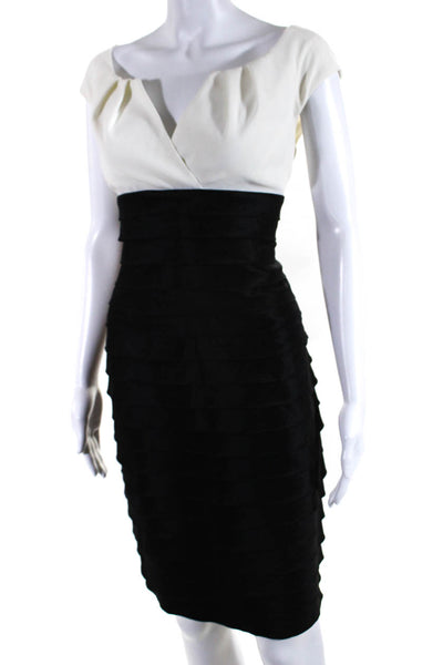 Adrianna Papell Womens Colorblock Tiered Hem Sheath Dress White Black Size 8