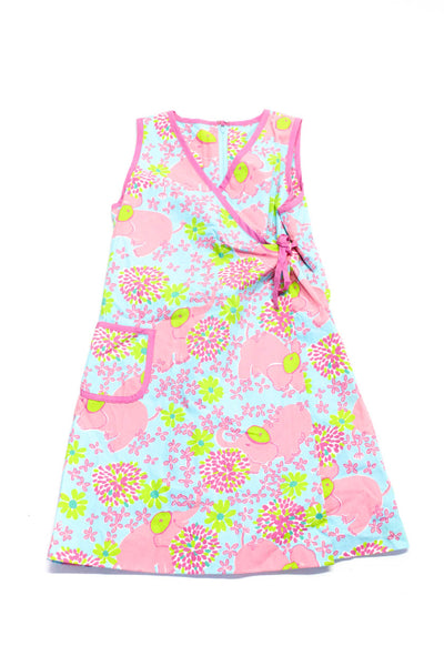 Lilly Pulitzer Children Girls Elephant Print Floral Wrap Dress Pink Blue Size 10