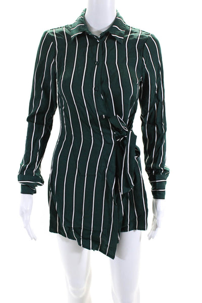 L'Academie Womens Striped Buttoned Wrapped Long Sleeve Mini Dress Green Size XS
