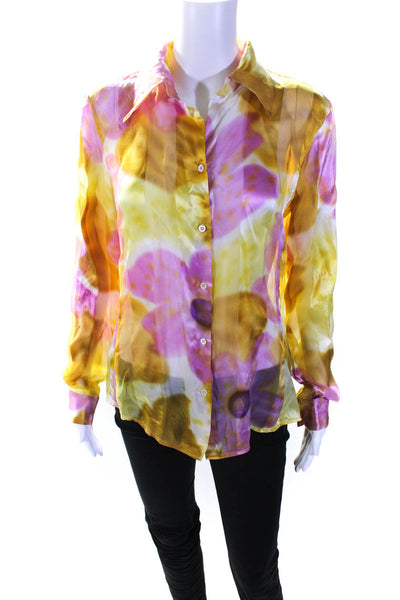 View Women's Collar Long Sleeves Silk Button Down Shirt Multicolor Size M