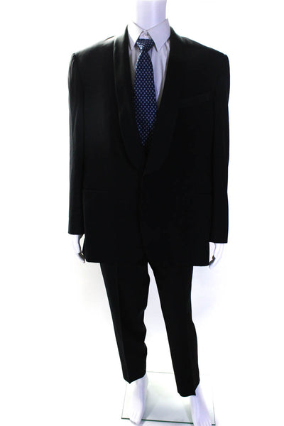 Trussini Mens Single Button Satin Trim Pleated Tuxedo Suit Black Wool Size IT 58