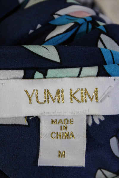 Yumi Kim Womens Blue Silk Floral Print Scoop Neck Short Sleeve Blouse Top Size M