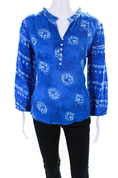 Nic + Zoe Womens Blue Printed Henley Neck Long Sleeve Blouse Top Size M