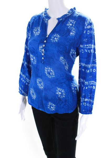 Nic + Zoe Womens Blue Printed Henley Neck Long Sleeve Blouse Top Size M