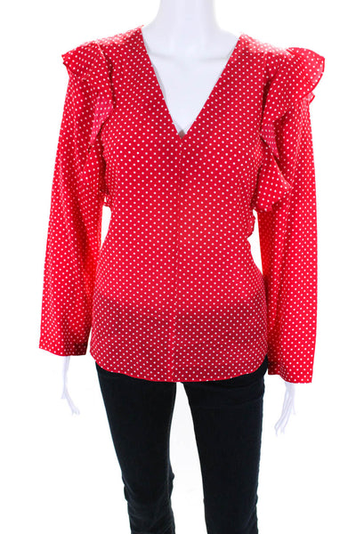 Rebecca Taylor Womens Red Silk Polka Dot Ruffle Long Sleeve Blouse Top Size 10