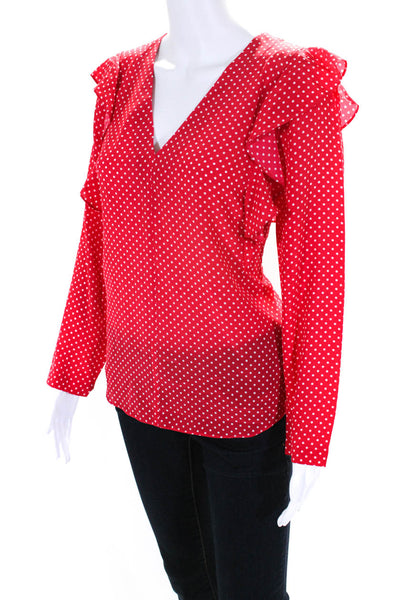 Rebecca Taylor Womens Red Silk Polka Dot Ruffle Long Sleeve Blouse Top Size 10